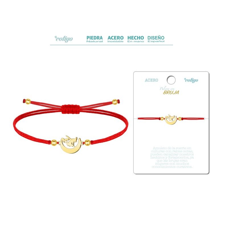 Pulsera Hilo Rojo Bruja volando Luna Dorado - Coleccion amuleto pulsera roja